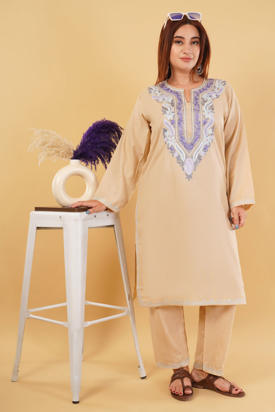 Kashmiri Aari embroidery Cotton Co-ord set Size-44 (Beige)