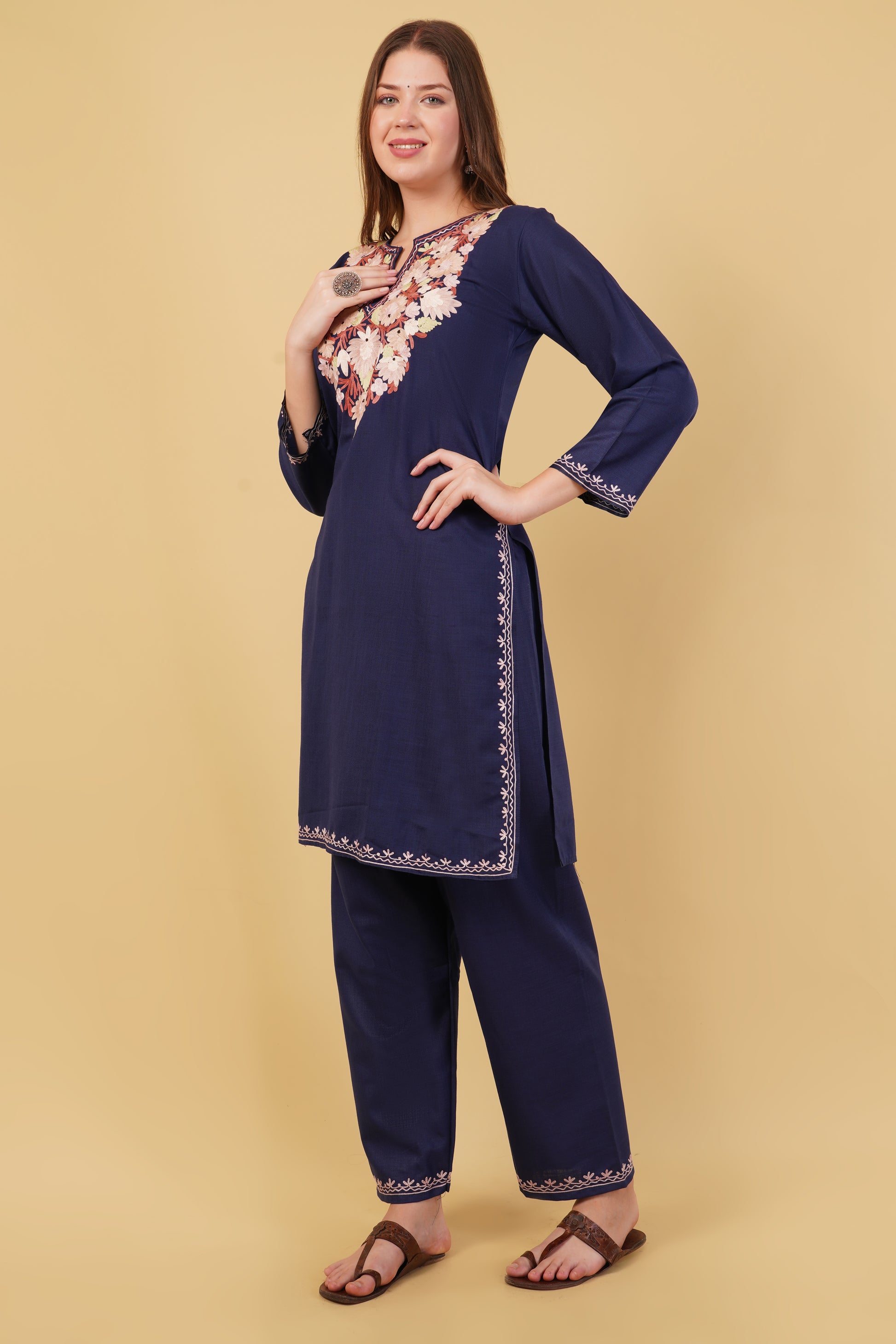 Kashmiri Aari embroidery Cotton Co-ord set Size-40(Navy Blue)