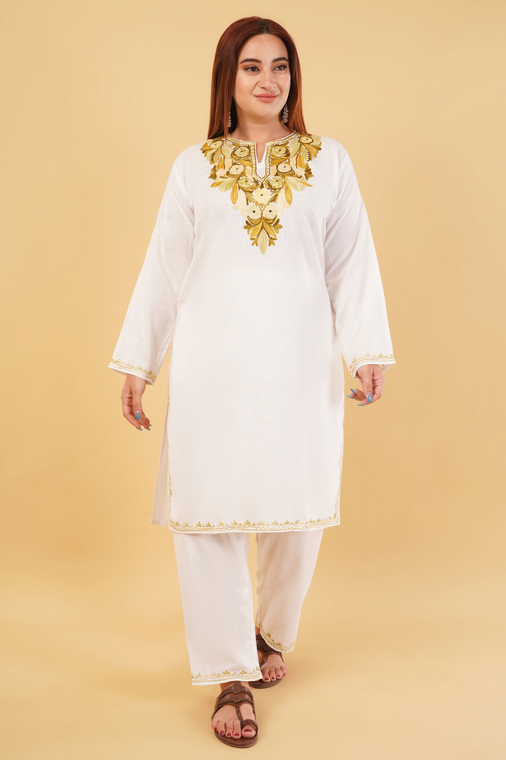 Kashmiri Aari embroidery Cotton Co-ord set Size-44 (White)