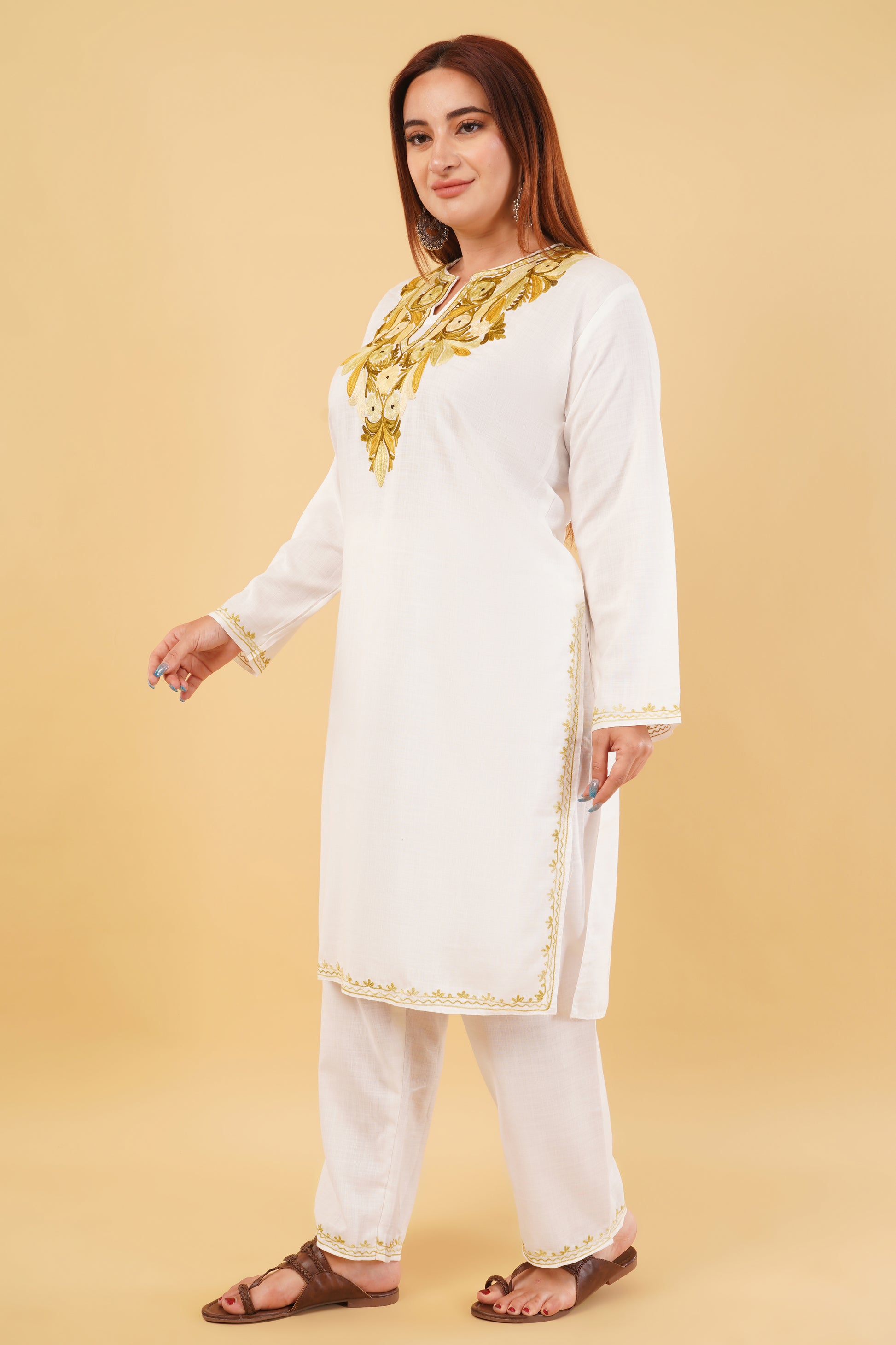 Kashmiri Aari embroidery Cotton Co-ord set Size-44 (White)