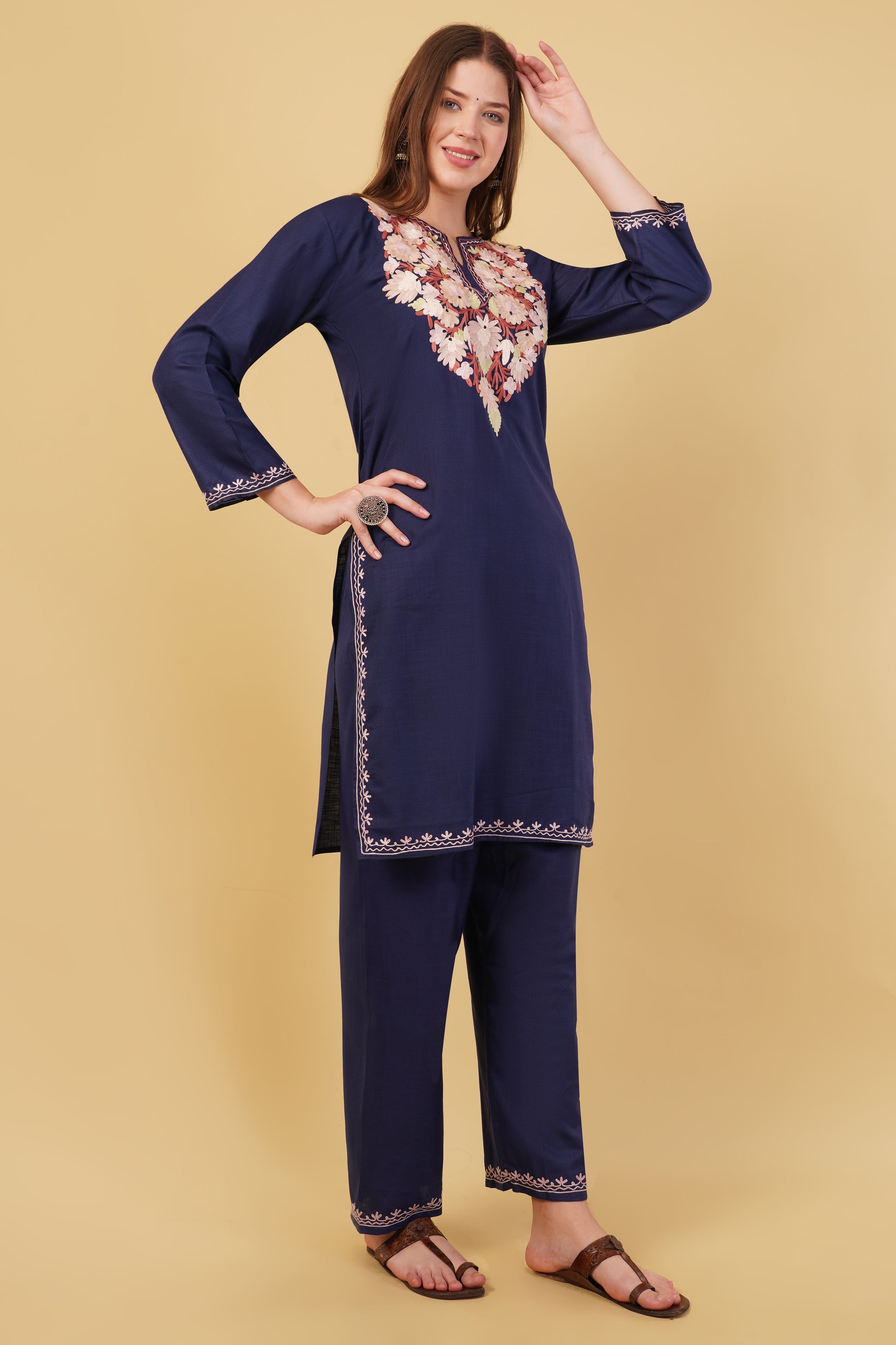 Kashmiri Aari embroidery Cotton Co-ord set Size-40(Navy Blue)
