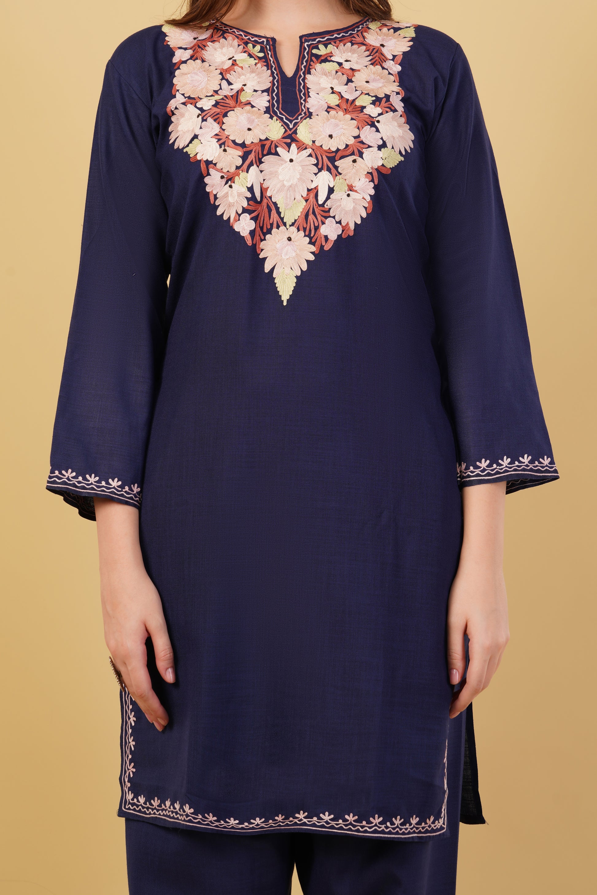 Kashmiri Aari embroidery Cotton Co-ord set Size-40(Navy Blue)