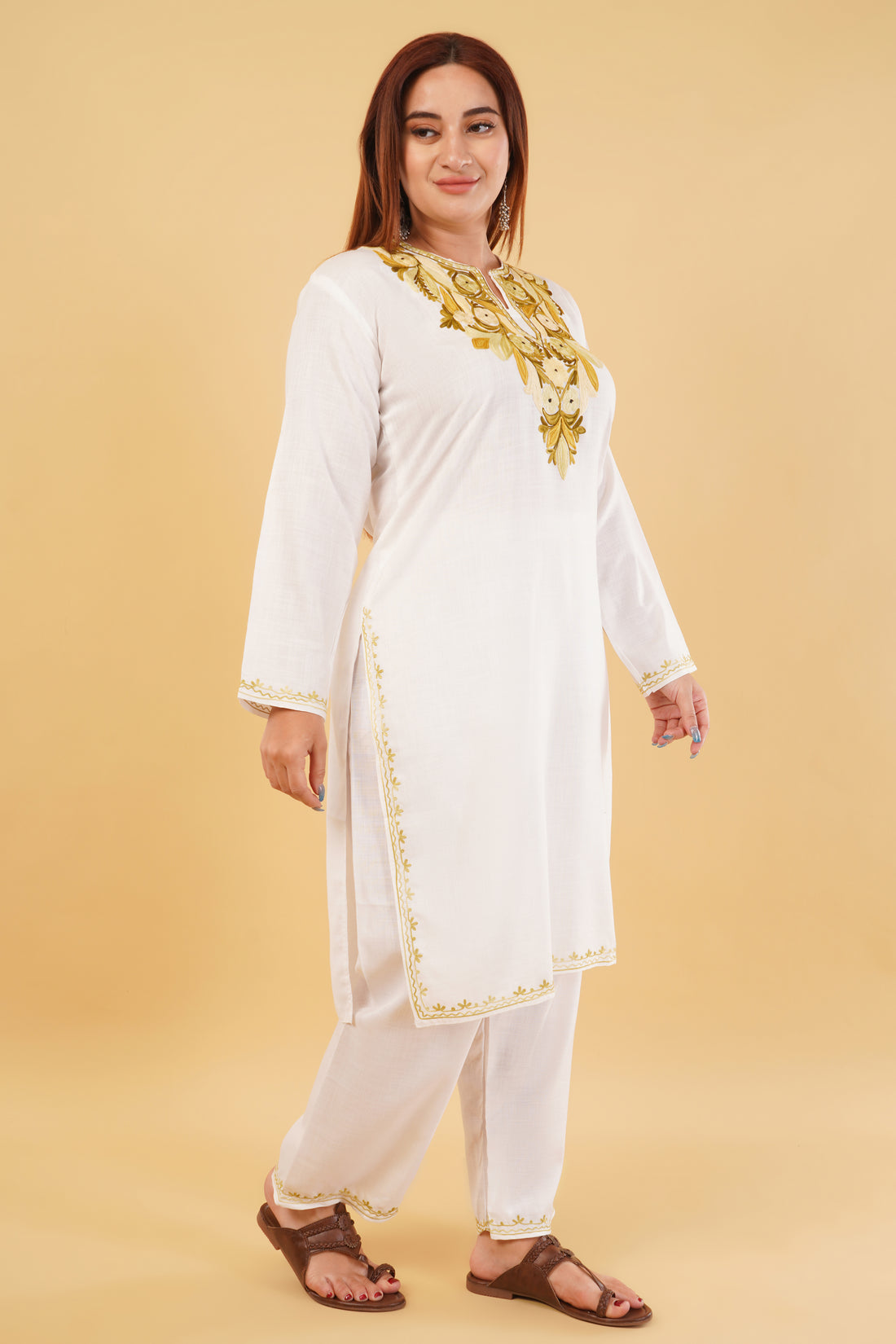 Kashmiri Aari embroidery Cotton Co-ord set Size-44 (White)