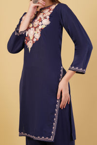 Kashmiri Aari embroidery Cotton Co-ord set Size-40(Navy Blue)