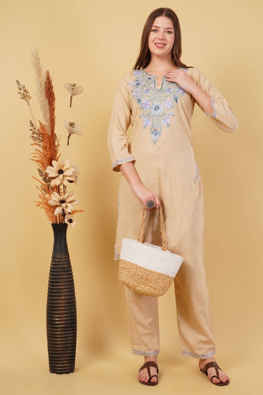 Kashmiri Aari embroidery Cotton Co-ord set Size-40 (Beige)