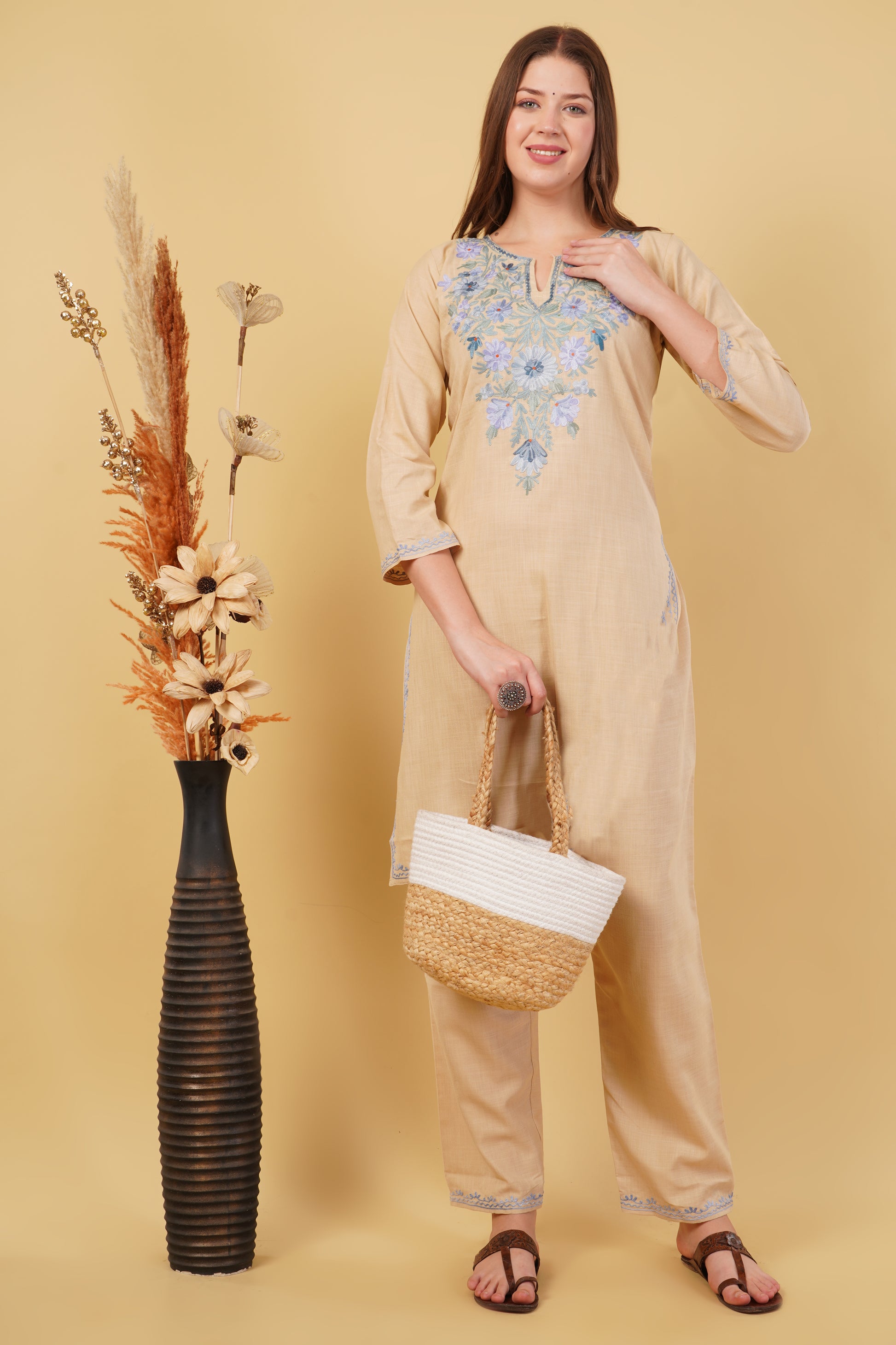 Kashmiri Aari embroidery Cotton Co-ord set Size-40 (Beige)