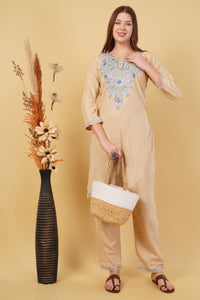 Kashmiri Aari embroidery Cotton Co-ord set Size-40 (Beige)