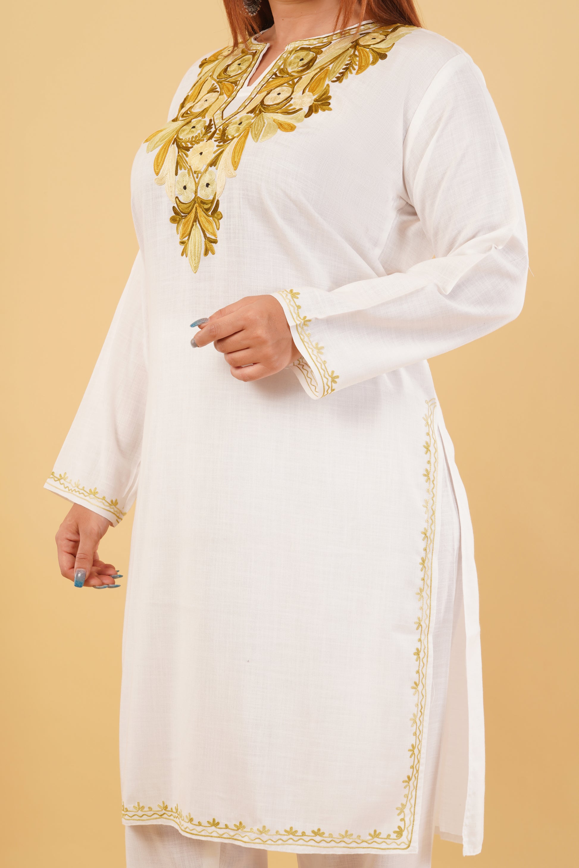 Kashmiri Aari embroidery Cotton Co-ord set Size-44 (White)