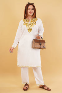 Kashmiri Aari embroidery Cotton Co-ord set Size-44 (White)