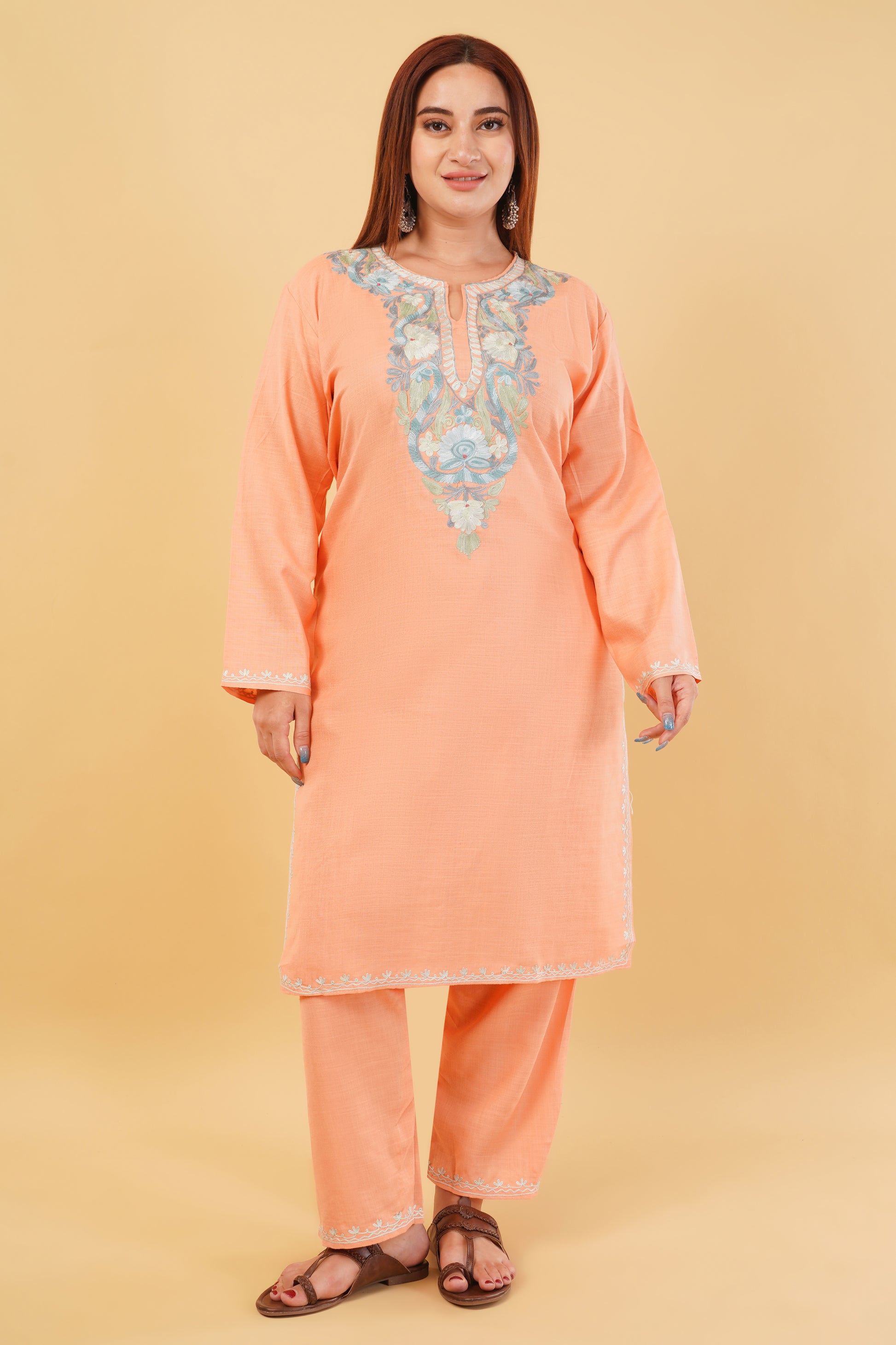 Kashmiri Aari embroidery Cotton Co-ord set Size-44 (Peach)