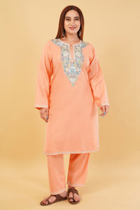 Kashmiri Aari embroidery Cotton Co-ord set Size-44 (Peach)