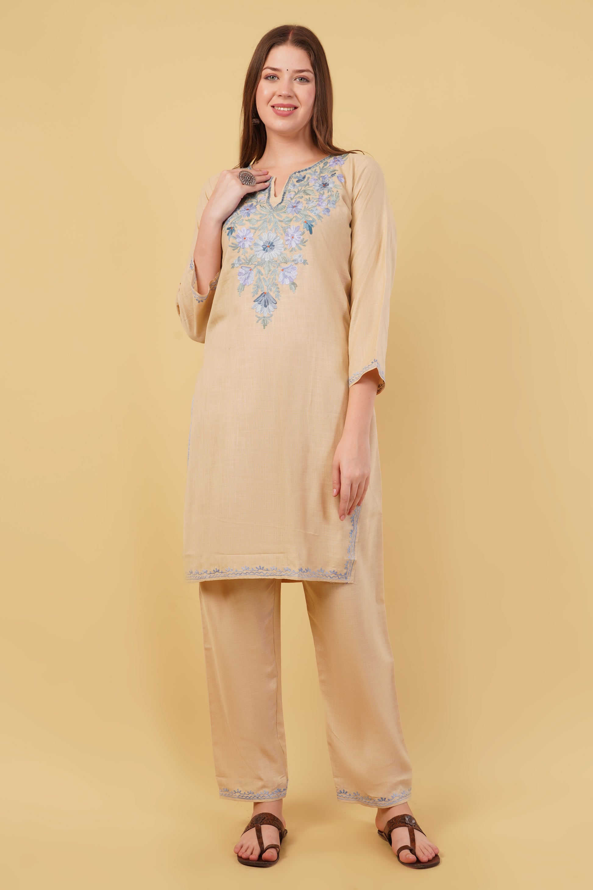 Kashmiri Aari embroidery Cotton Co-ord set Size-40 (Beige)