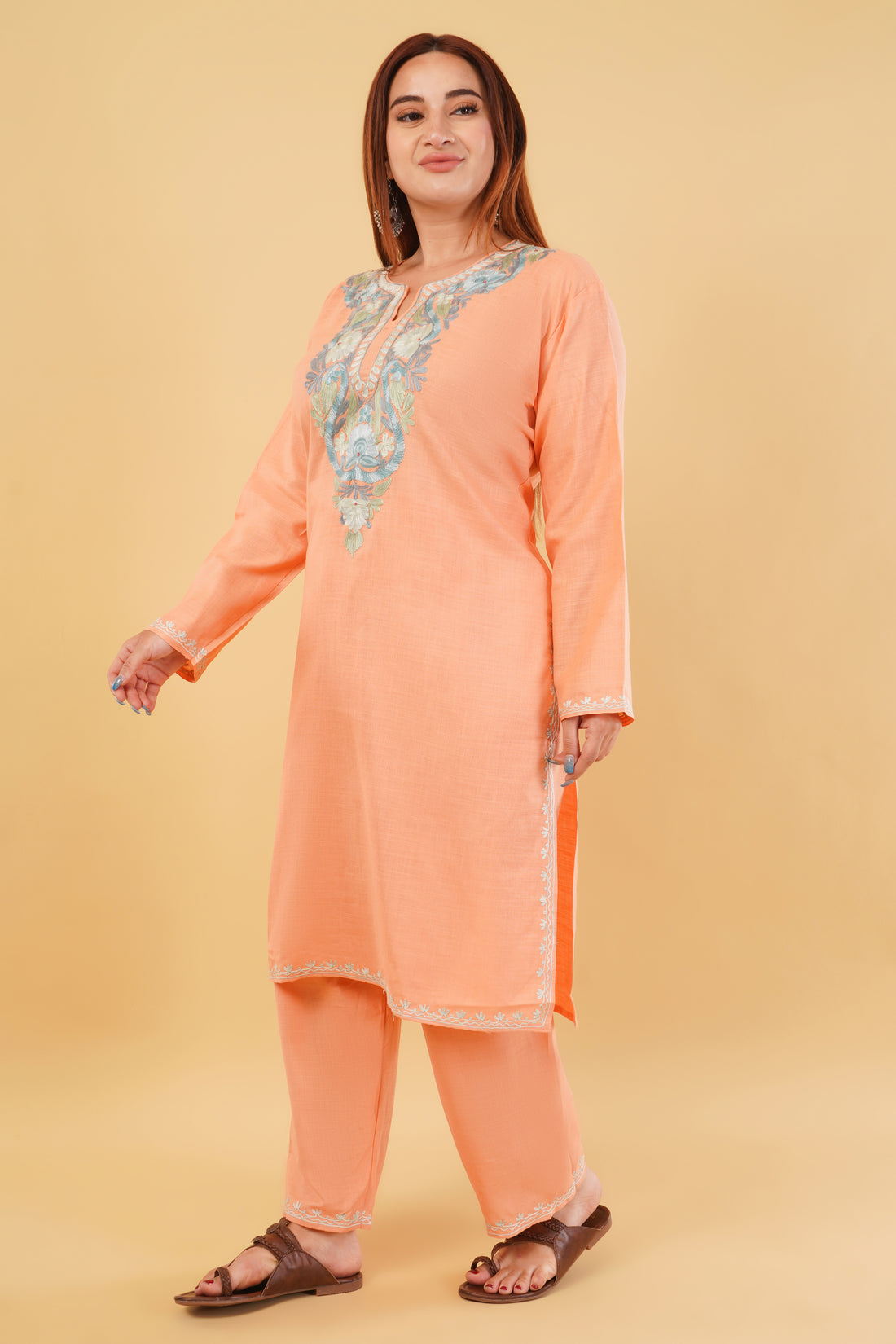 Kashmiri Aari embroidery Cotton Co-ord set Size-44 (Peach)