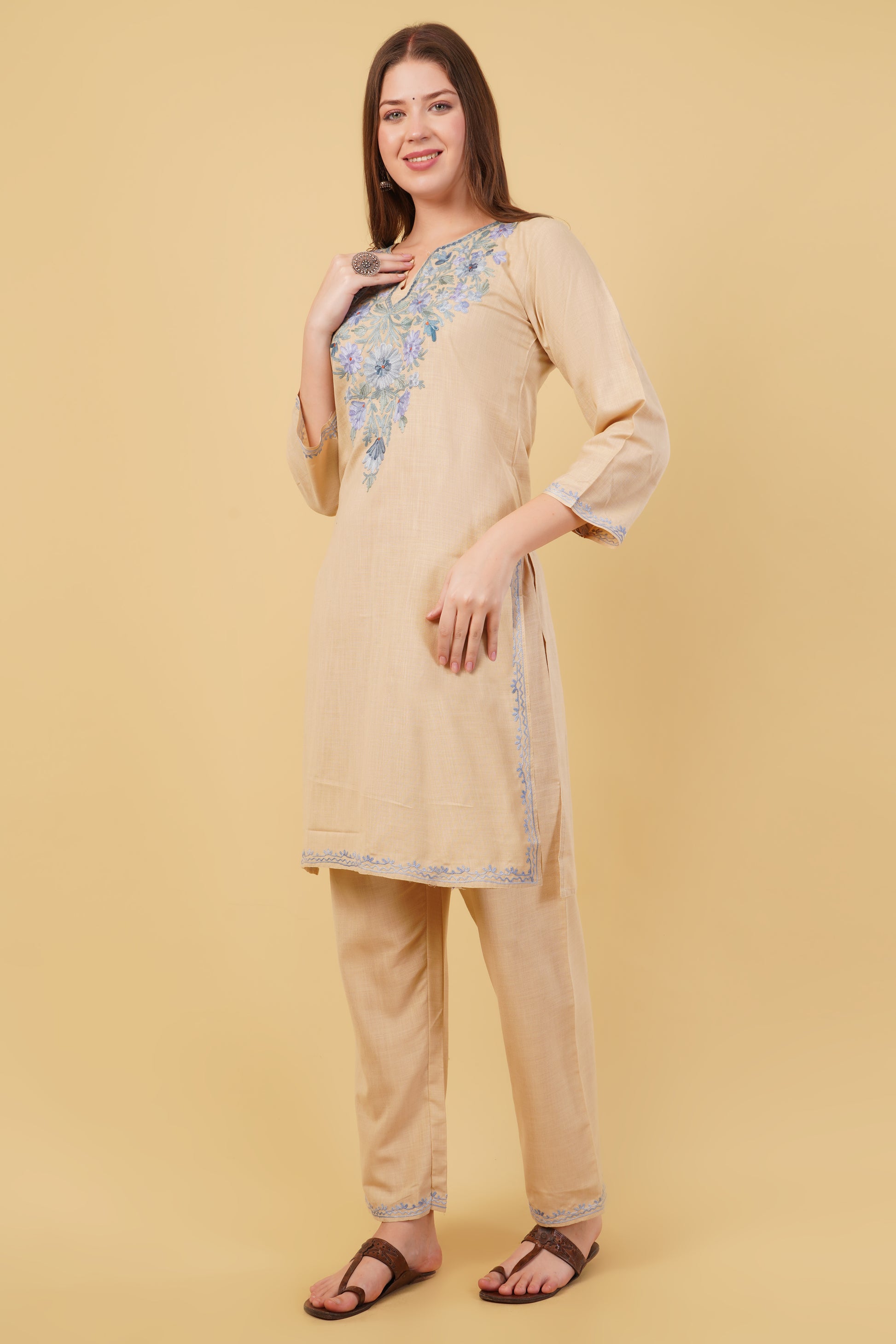 Kashmiri Aari embroidery Cotton Co-ord set Size-40 (Beige)