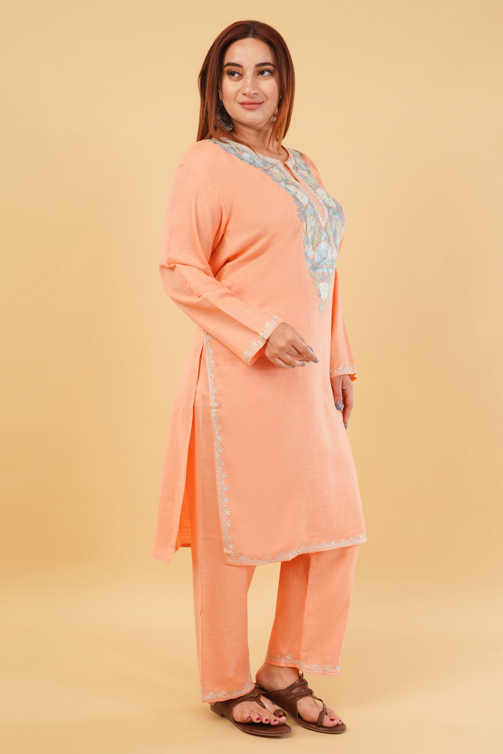 Kashmiri Aari embroidery Cotton Co-ord set Size-44 (Peach)