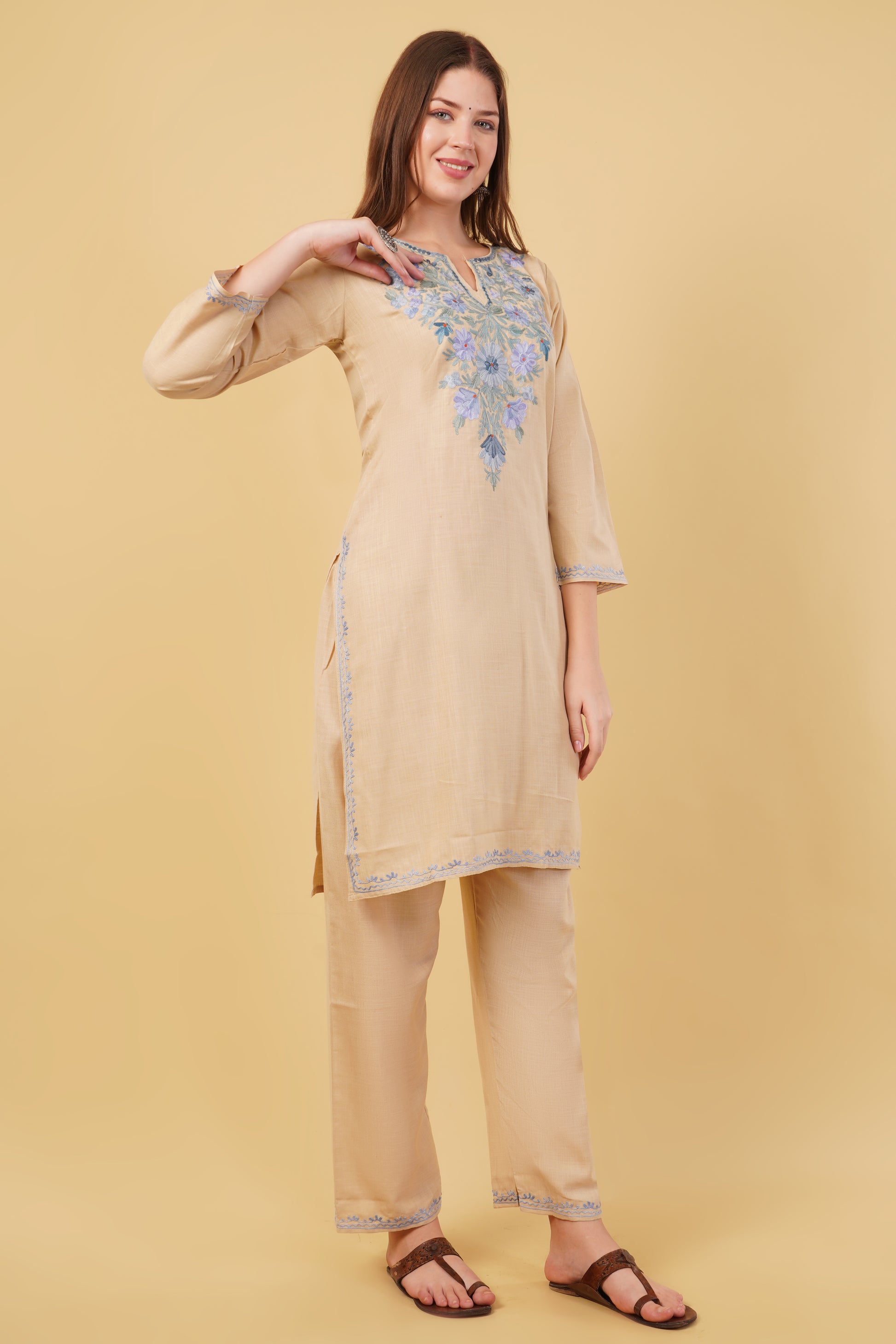 Kashmiri Aari embroidery Cotton Co-ord set Size-40 (Beige)