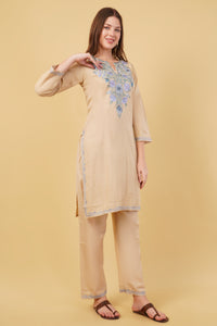 Kashmiri Aari embroidery Cotton Co-ord set Size-40 (Beige)