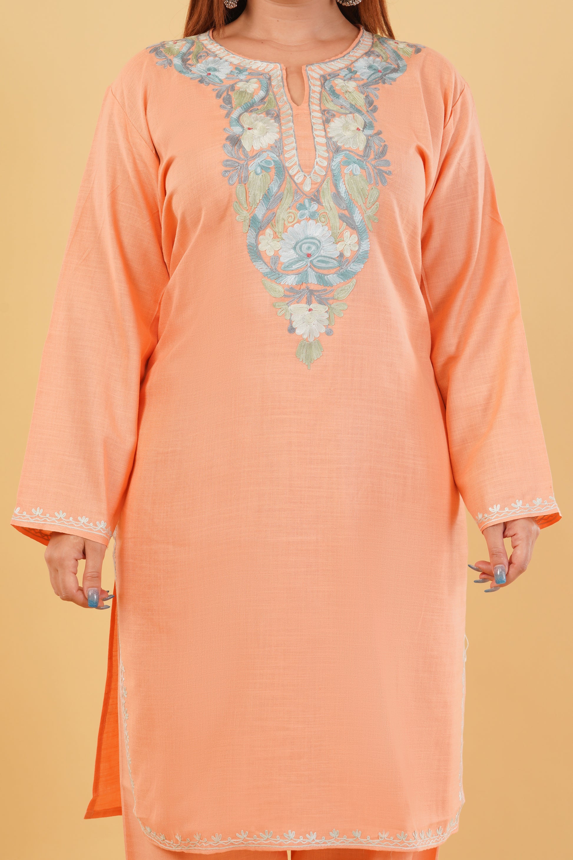 Kashmiri Aari embroidery Cotton Co-ord set Size-44 (Peach)