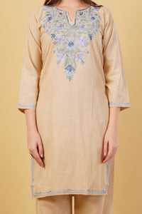 Kashmiri Aari embroidery Cotton Co-ord set Size-40 (Beige)