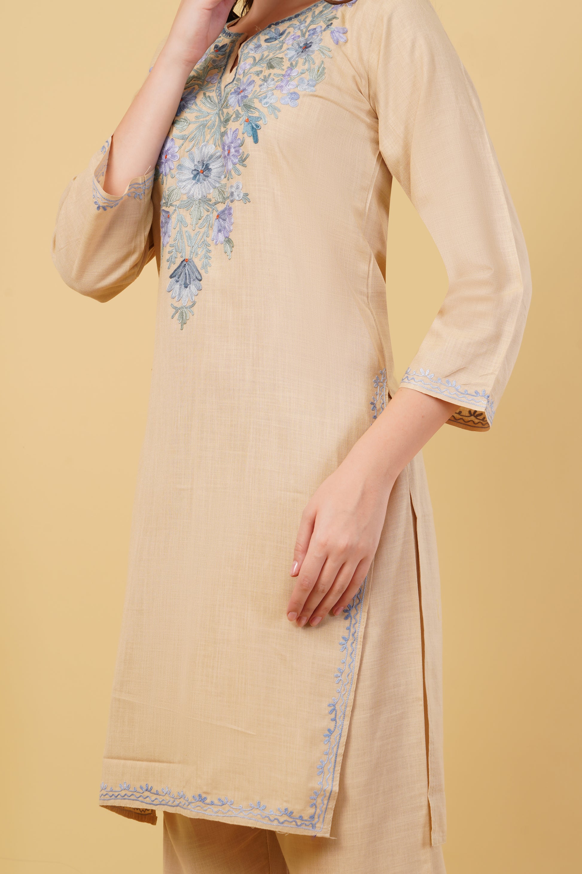 Kashmiri Aari embroidery Cotton Co-ord set Size-40 (Beige)