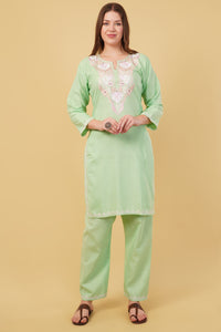 Kashmiri Aari embroidery Cotton Co-ord set Size-40(Green)