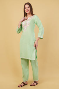 Kashmiri Aari embroidery Cotton Co-ord set Size-40(Green)