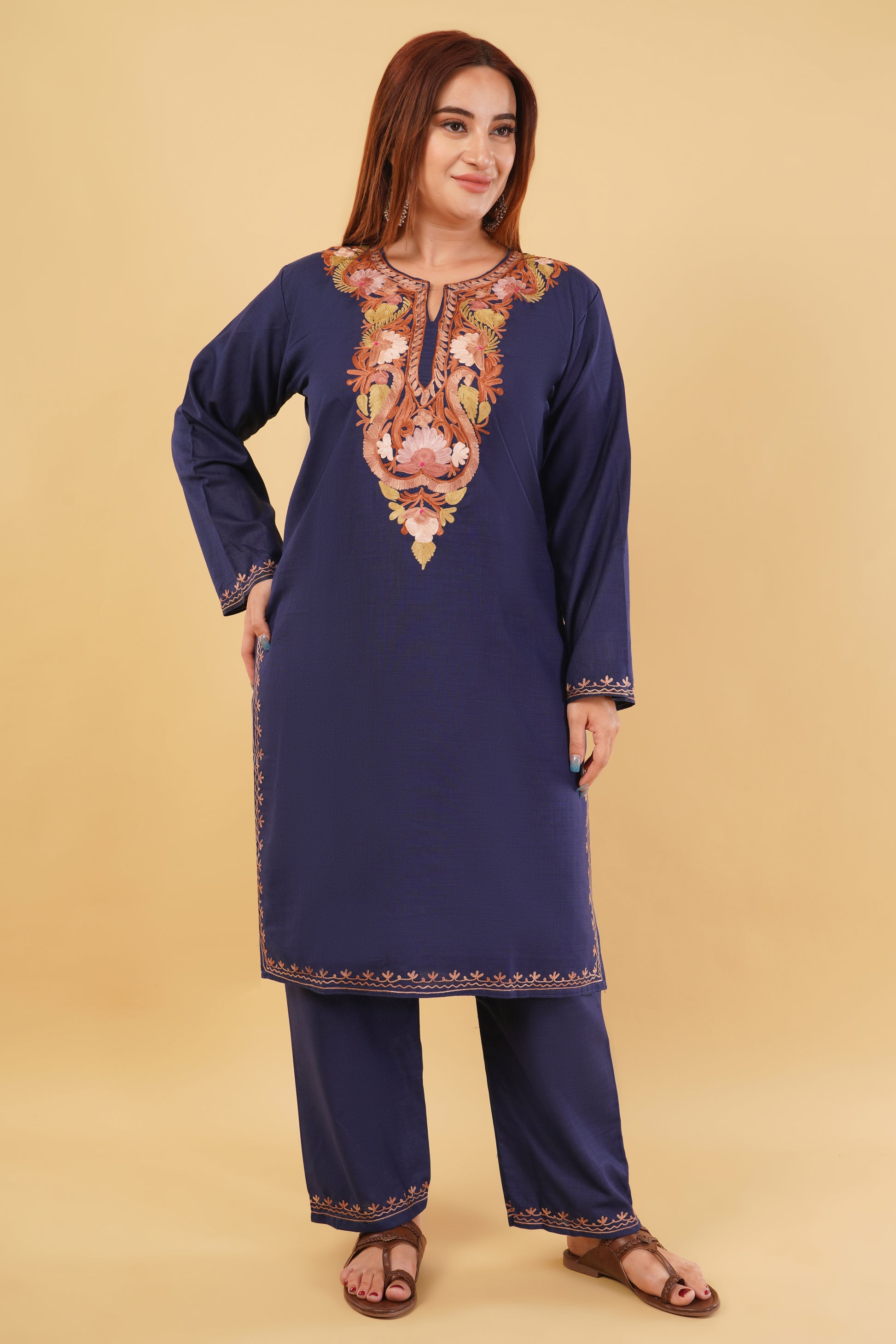 Kashmiri Aari embroidery Cotton Co-ord set Size-44 (Navy Blue)