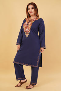 Kashmiri Aari embroidery Cotton Co-ord set Size-44 (Navy Blue)