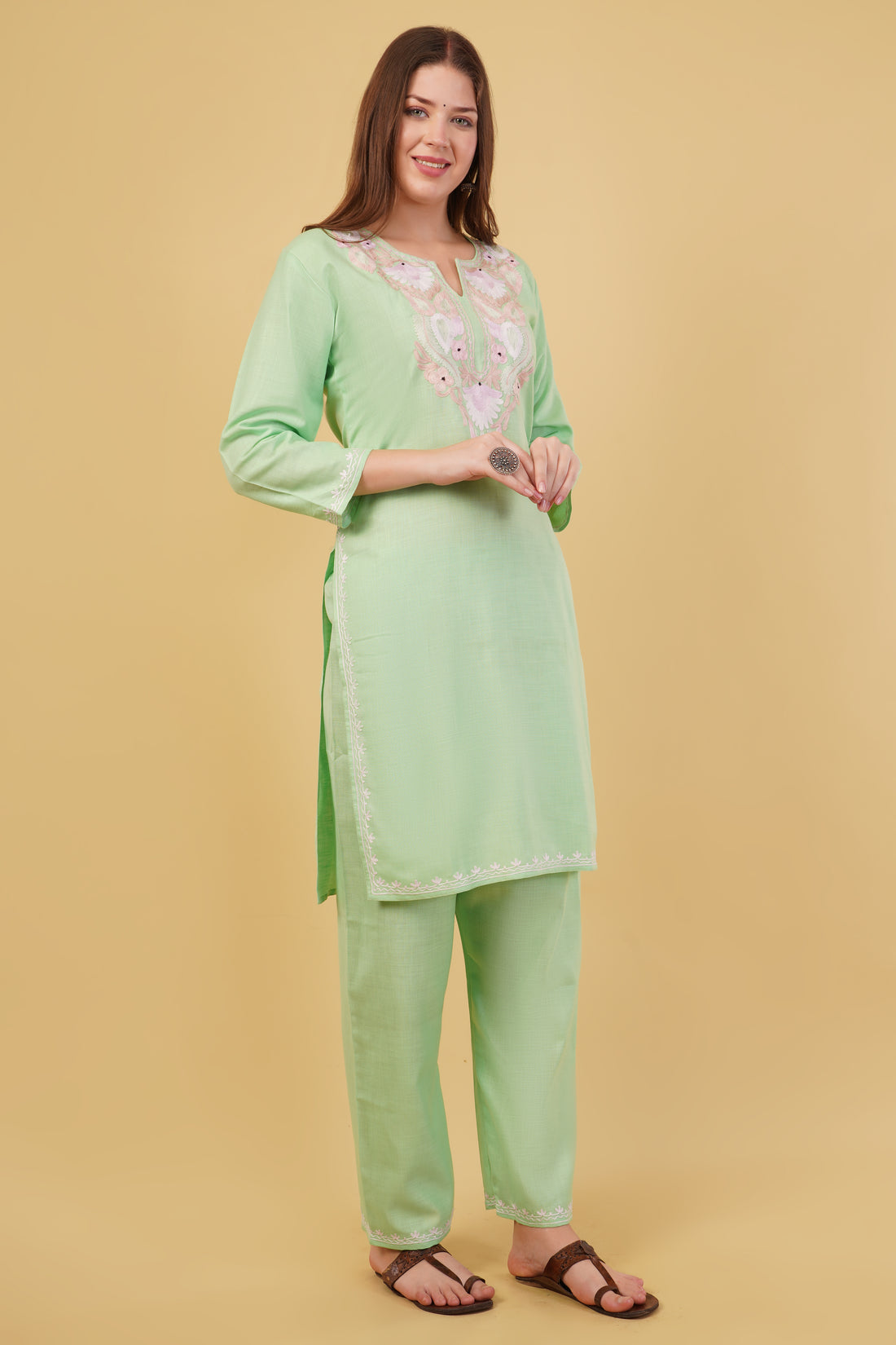 Kashmiri Aari embroidery Cotton Co-ord set Size-40(Green)