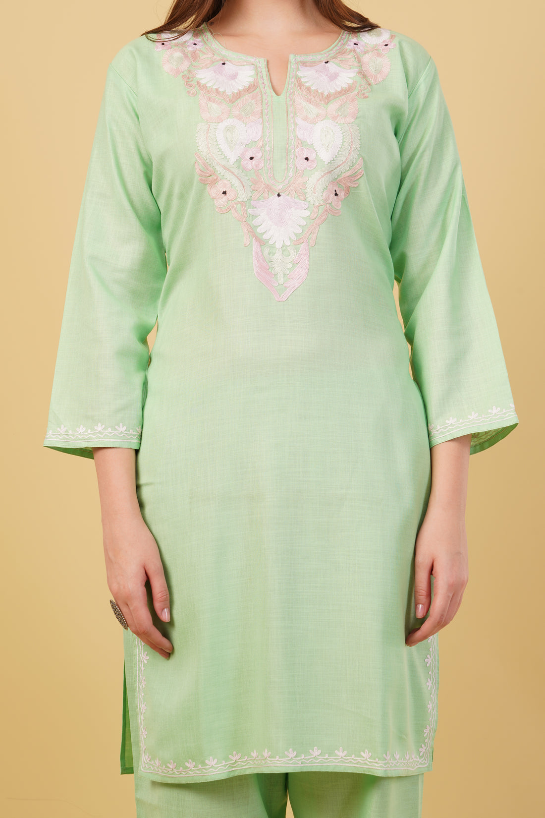 Kashmiri Aari embroidery Cotton Co-ord set Size-40(Green)