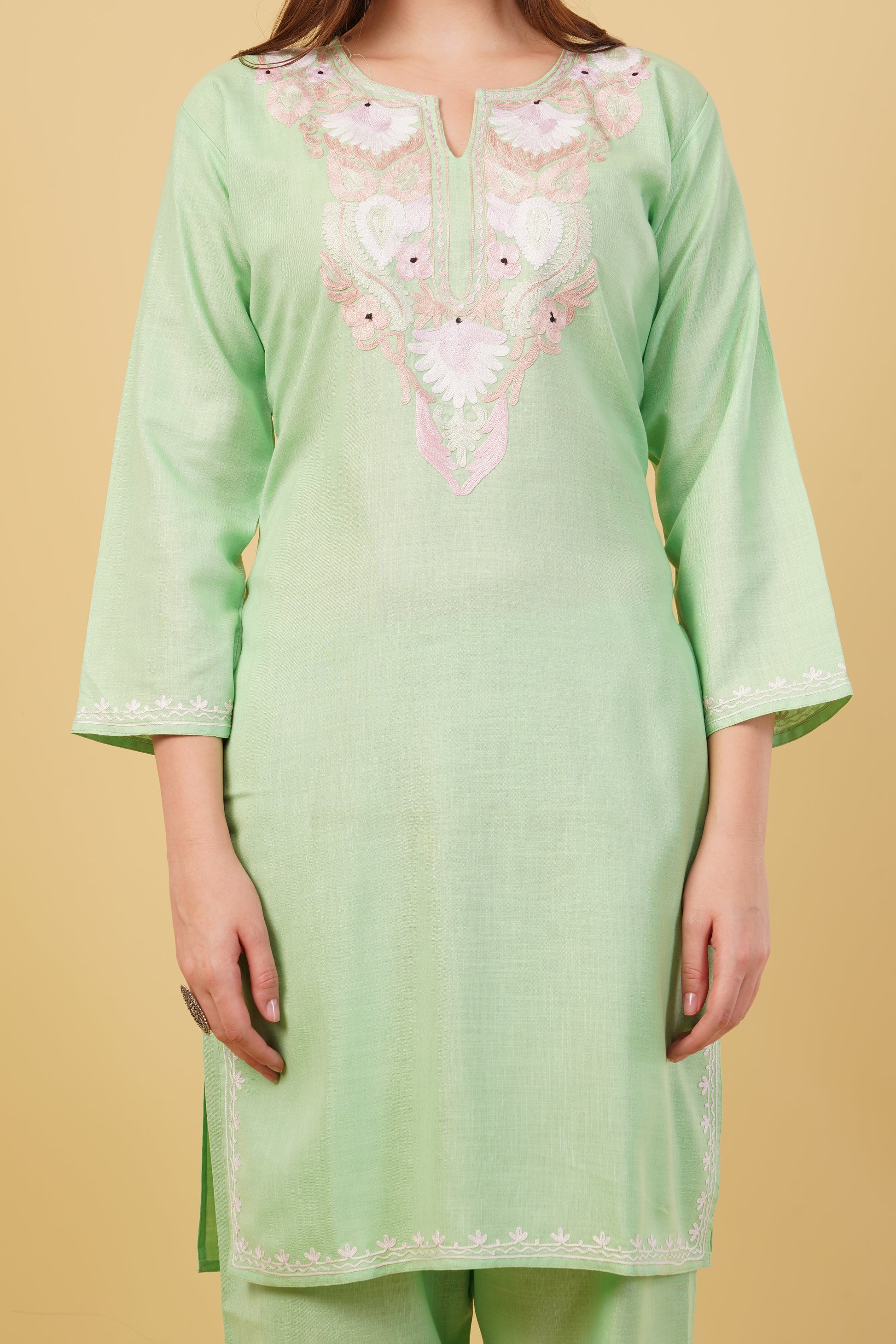 Kashmiri Aari embroidery Cotton Co-ord set Size-40(Green)