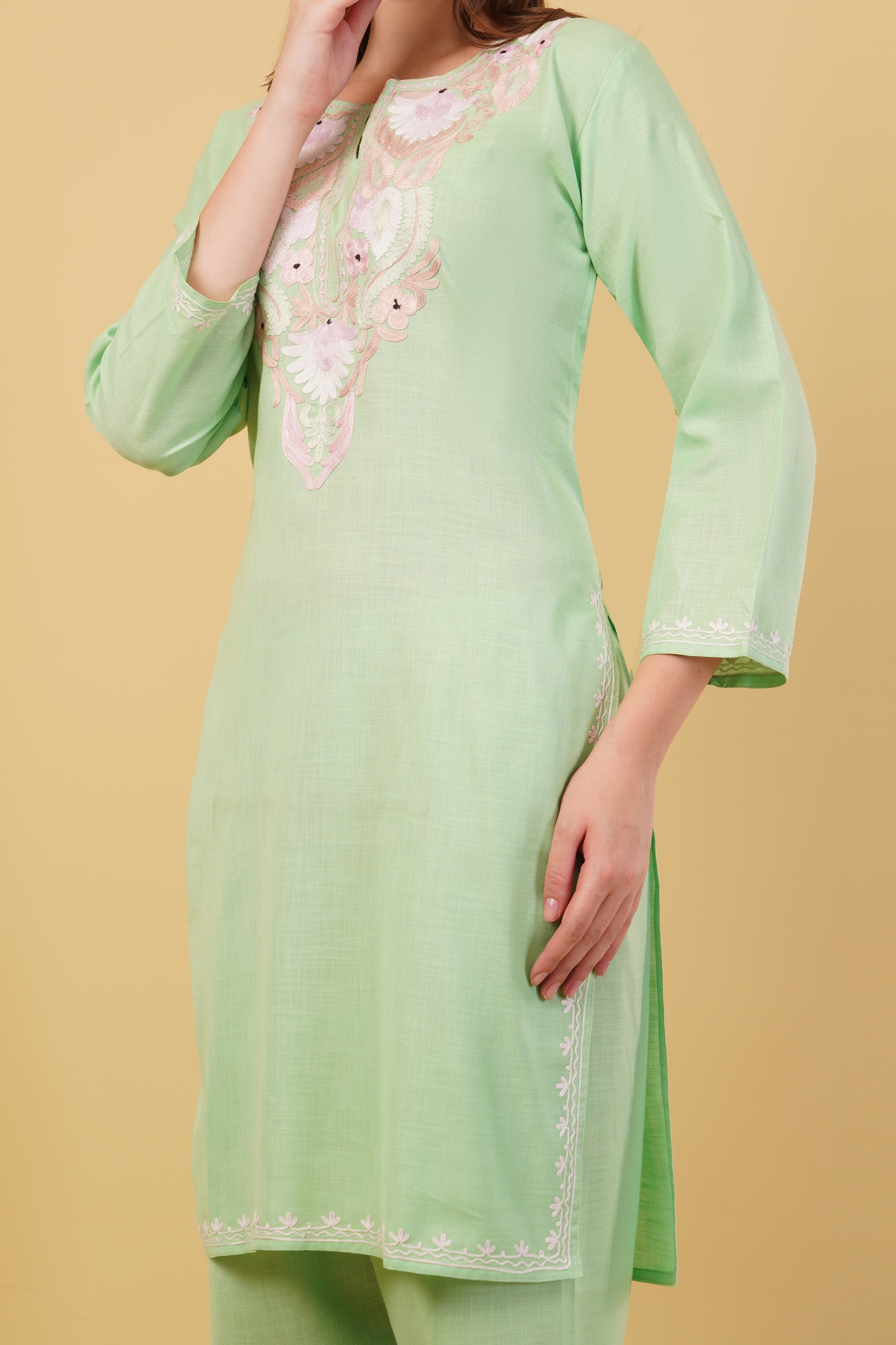Kashmiri Aari embroidery Cotton Co-ord set Size-40(Green)
