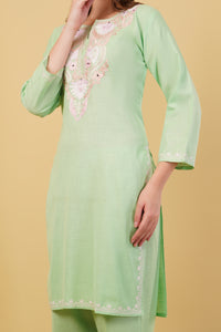 Kashmiri Aari embroidery Cotton Co-ord set Size-40(Green)