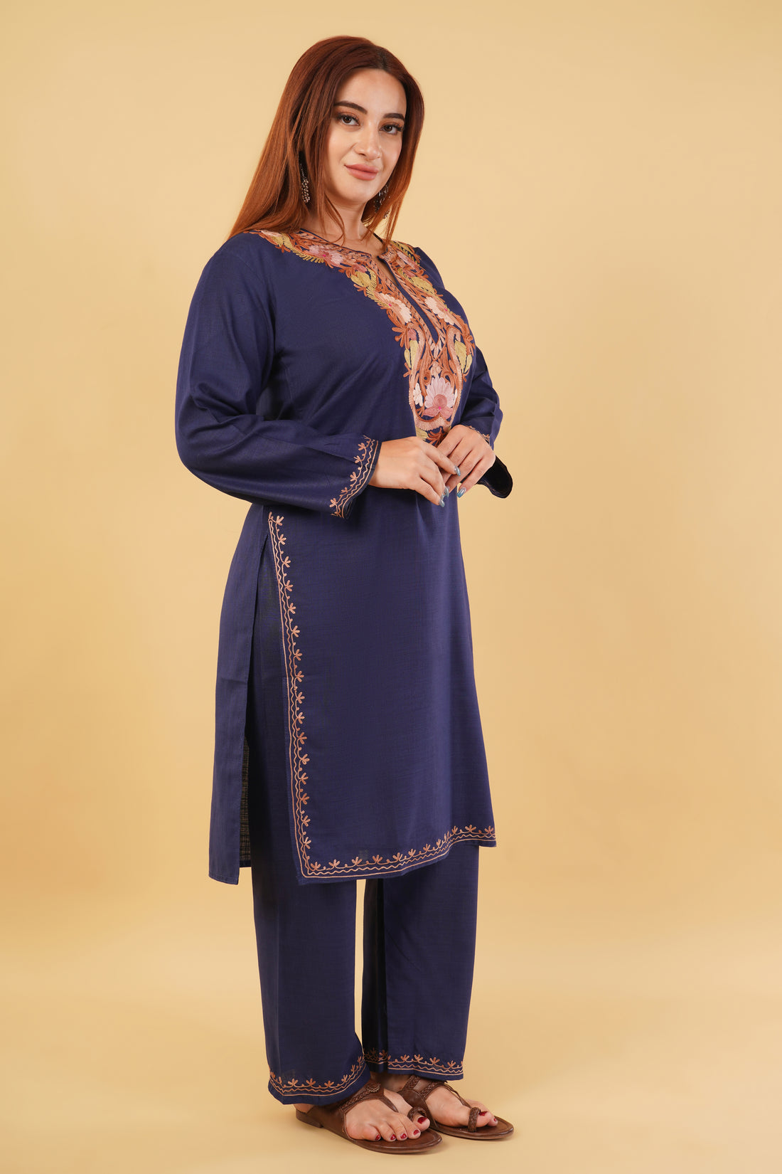 Kashmiri Aari embroidery Cotton Co-ord set Size-44 (Navy Blue)