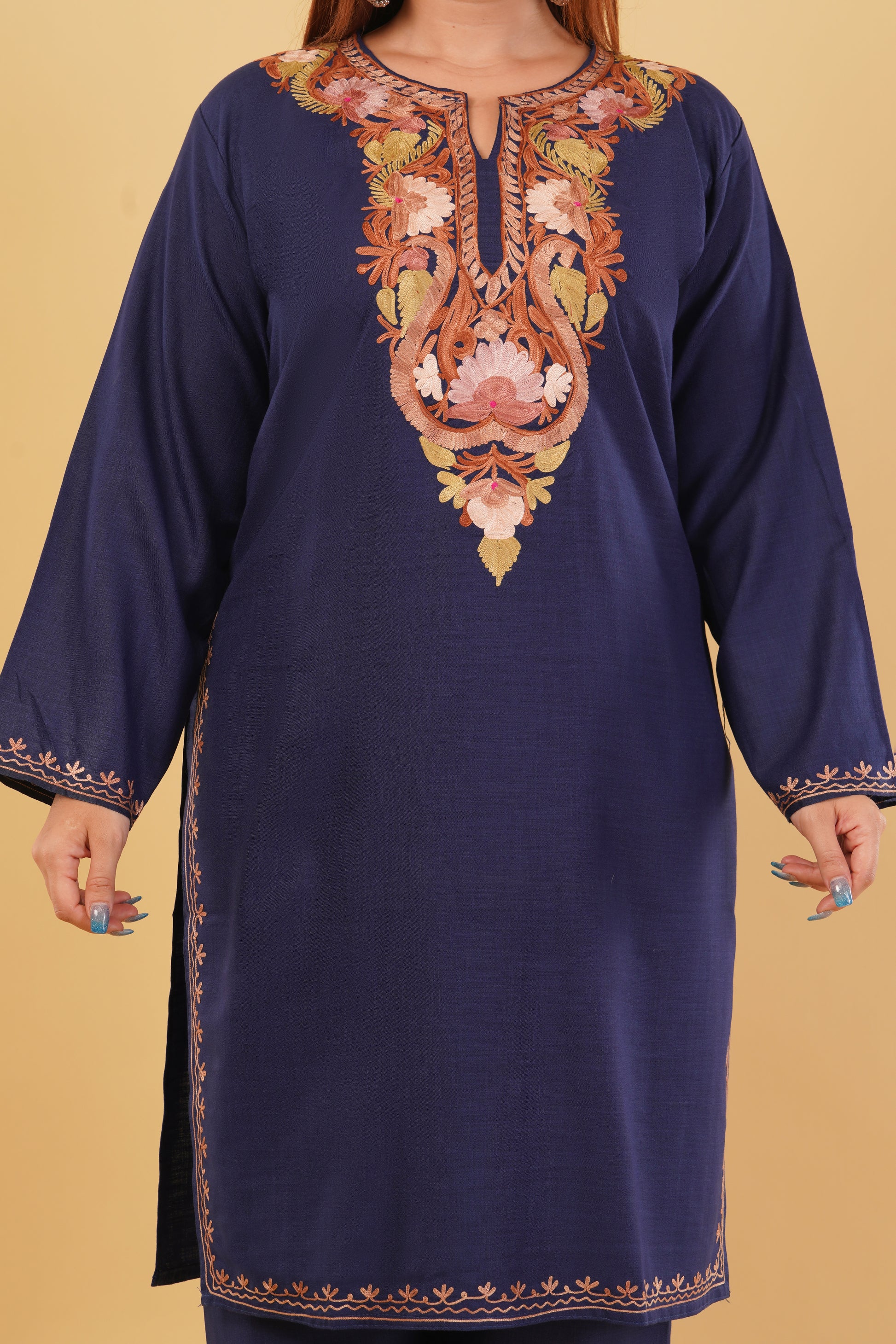 Kashmiri Aari embroidery Cotton Co-ord set Size-44 (Navy Blue)