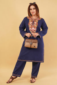 Kashmiri Aari embroidery Cotton Co-ord set Size-44 (Navy Blue)