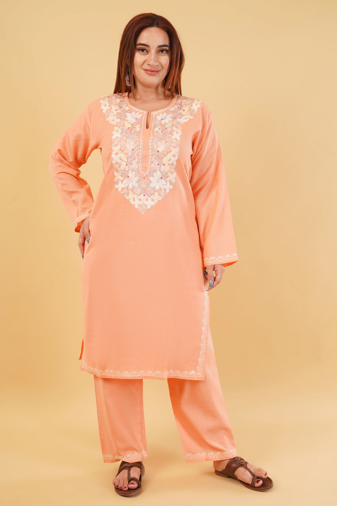 Kashmiri Aari embroidery Cotton Co-ord set Size-44 (Peach)
