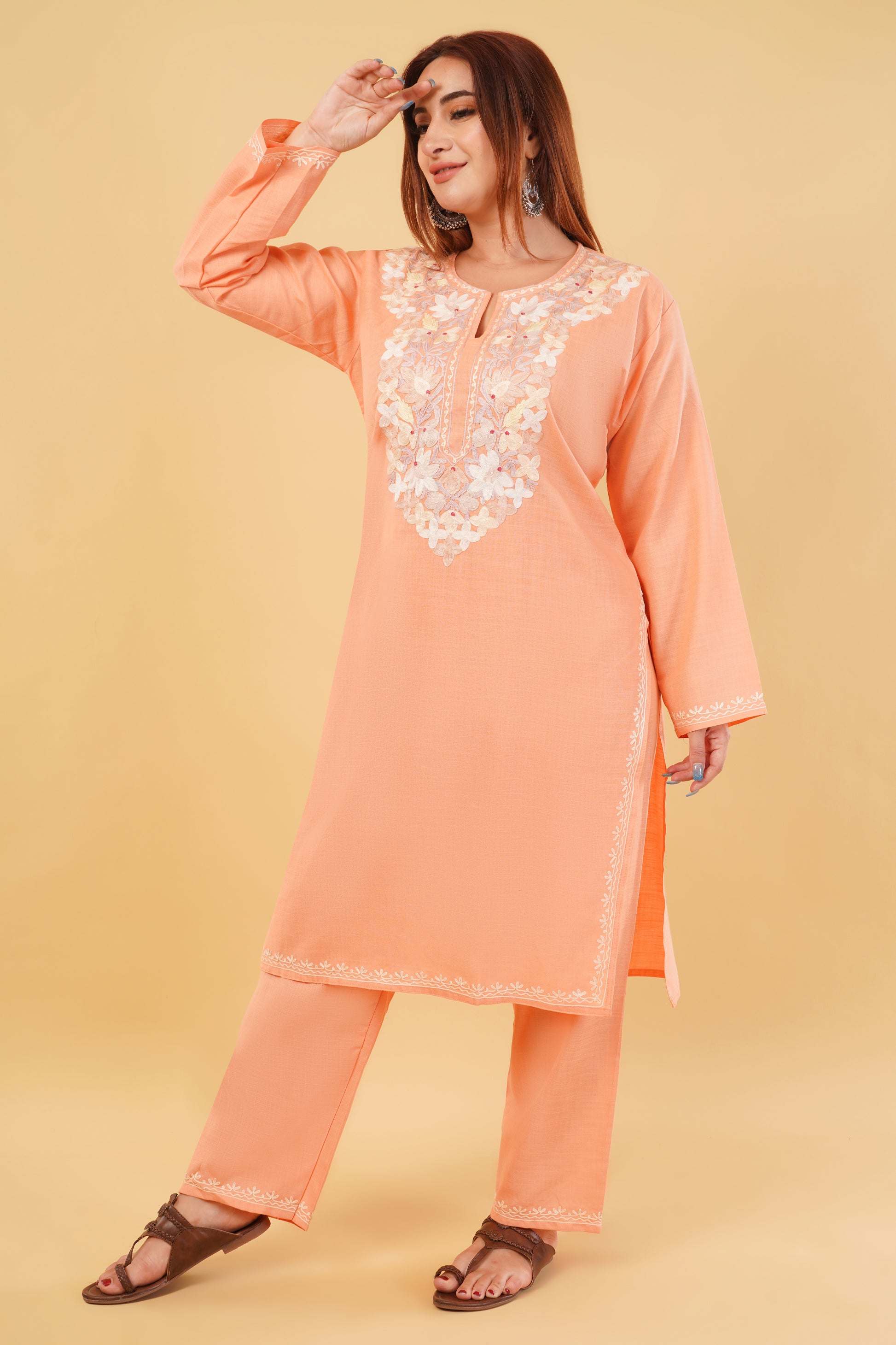 Kashmiri Aari embroidery Cotton Co-ord set Size-44 (Peach)