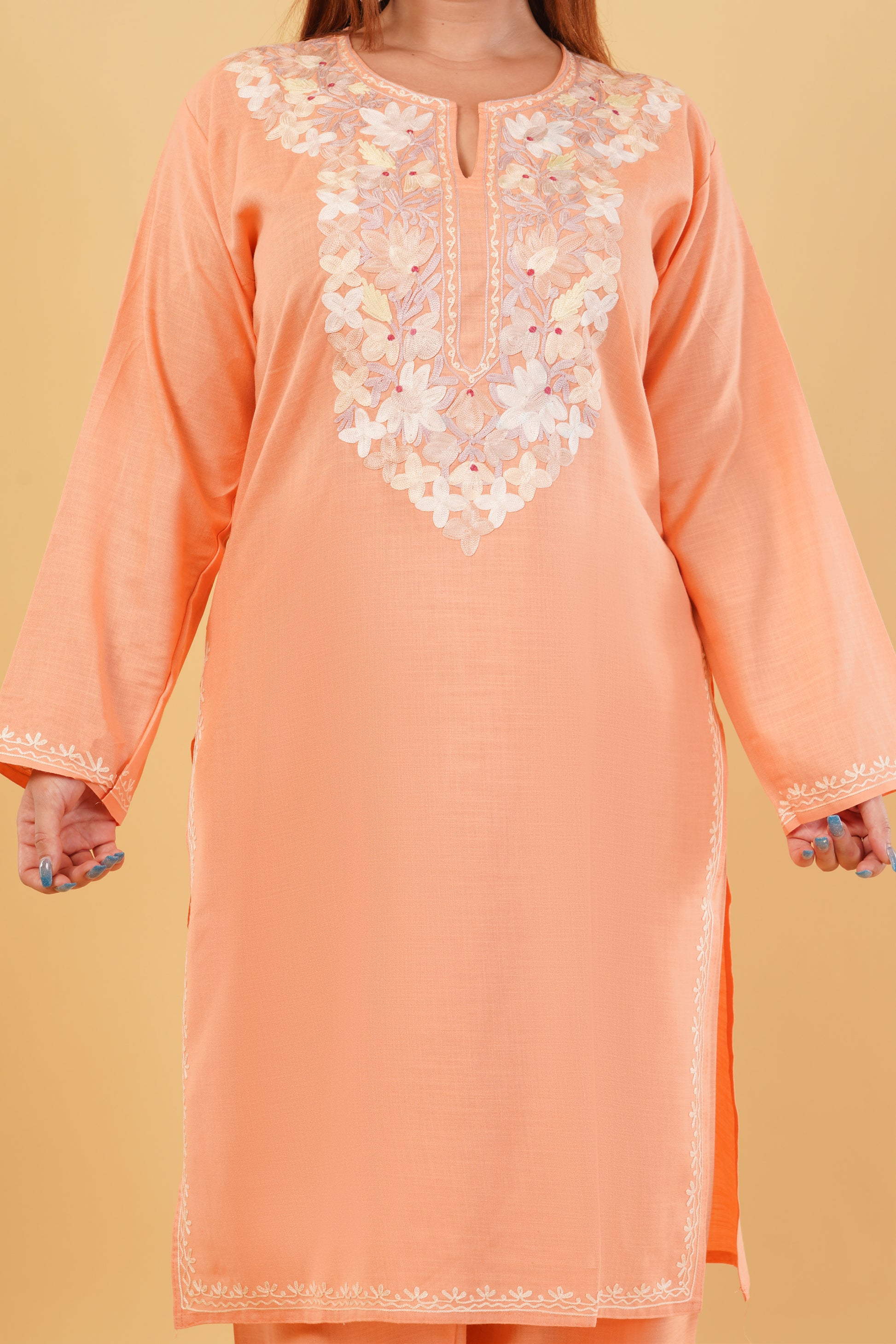 Kashmiri Aari embroidery Cotton Co-ord set Size-44 (Peach)