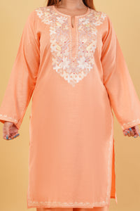 Kashmiri Aari embroidery Cotton Co-ord set Size-44 (Peach)