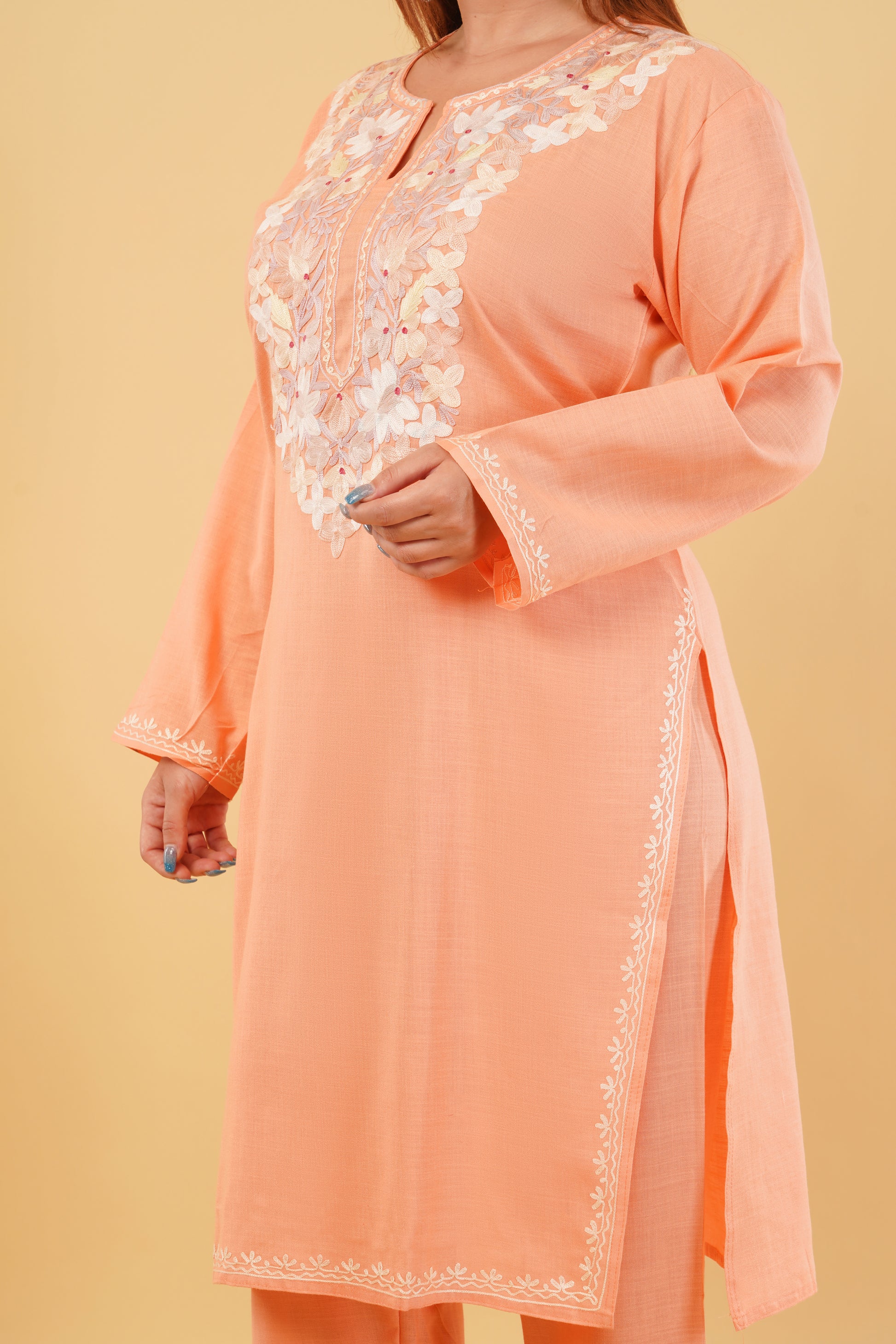 Kashmiri Aari embroidery Cotton Co-ord set Size-44 (Peach)