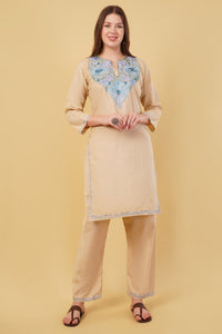 Kashmiri Aari embroidery Cotton Co-ord set Size-40 (Beige)