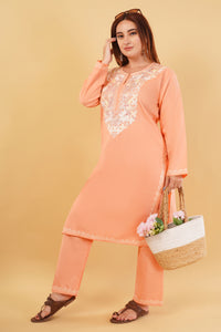 Kashmiri Aari embroidery Cotton Co-ord set Size-44 (Peach)
