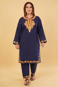 Kashmiri Aari embroidery Cotton Co-ord set Size-44 (Navy Blue)