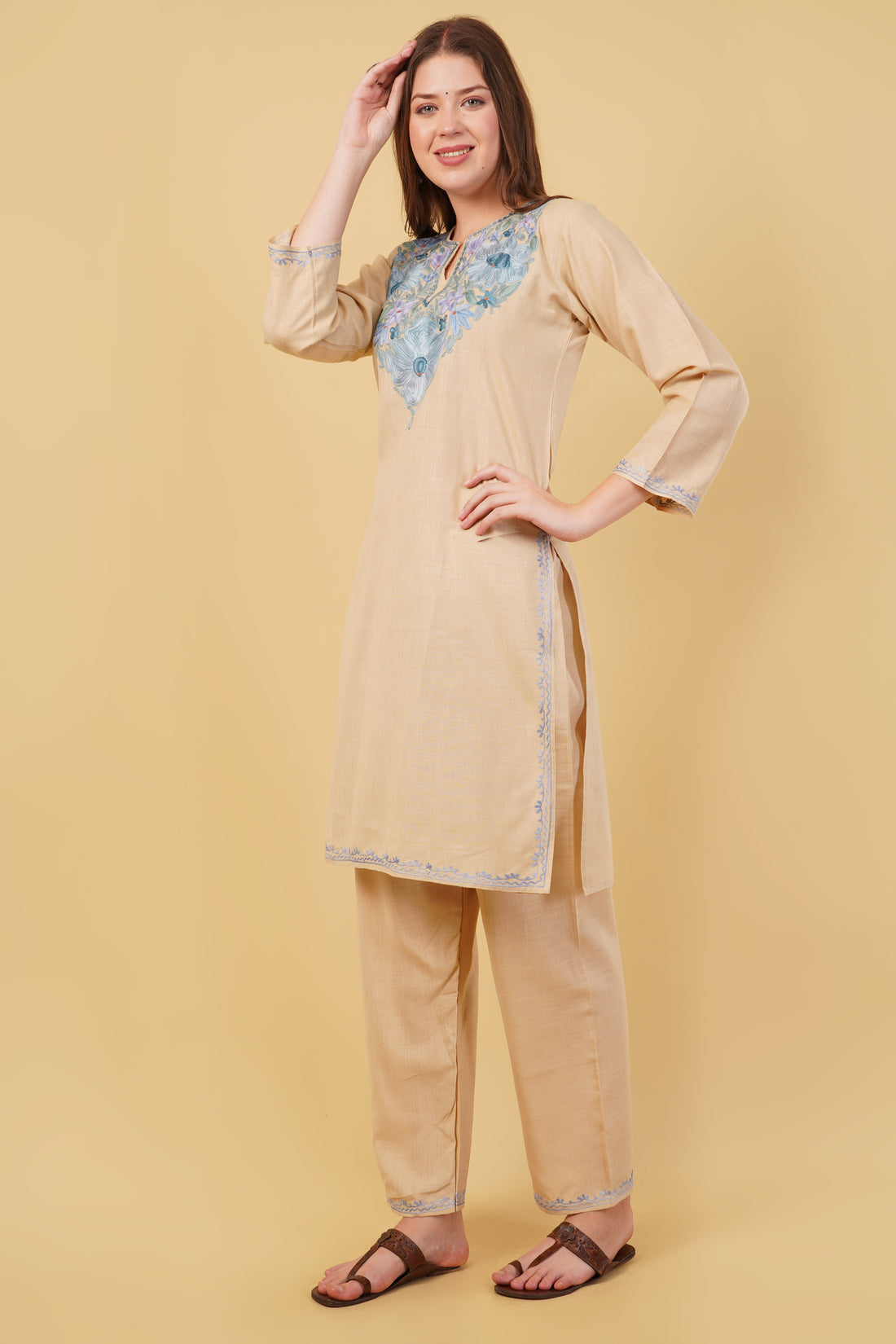 Kashmiri Aari embroidery Cotton Co-ord set Size-40 (Beige)