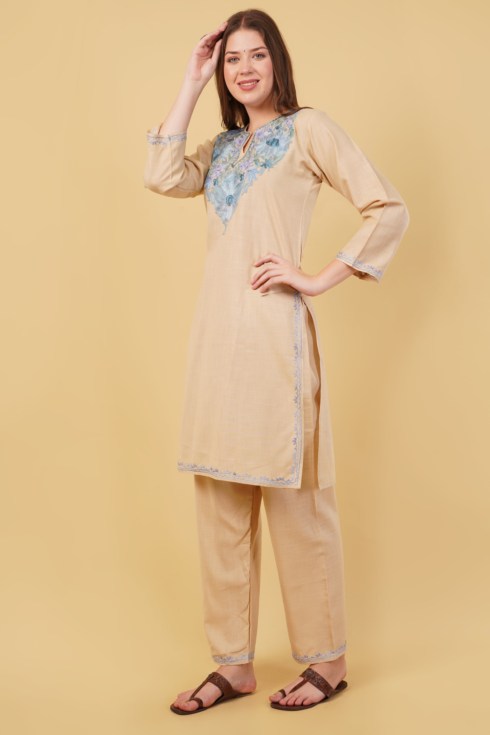 Kashmiri Aari embroidery Cotton Co-ord set Size-40 (Beige)
