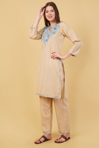 Kashmiri Aari embroidery Cotton Co-ord set Size-40 (Beige)