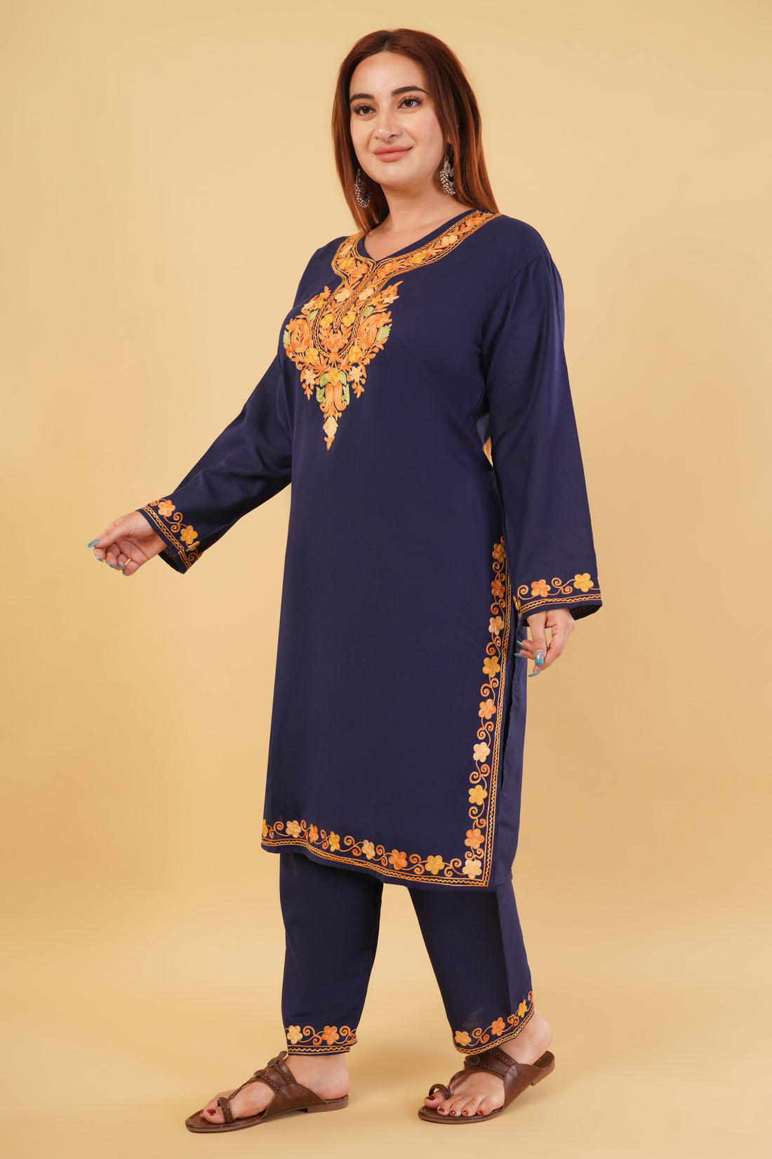 Kashmiri Aari embroidery Cotton Co-ord set Size-44 (Navy Blue)