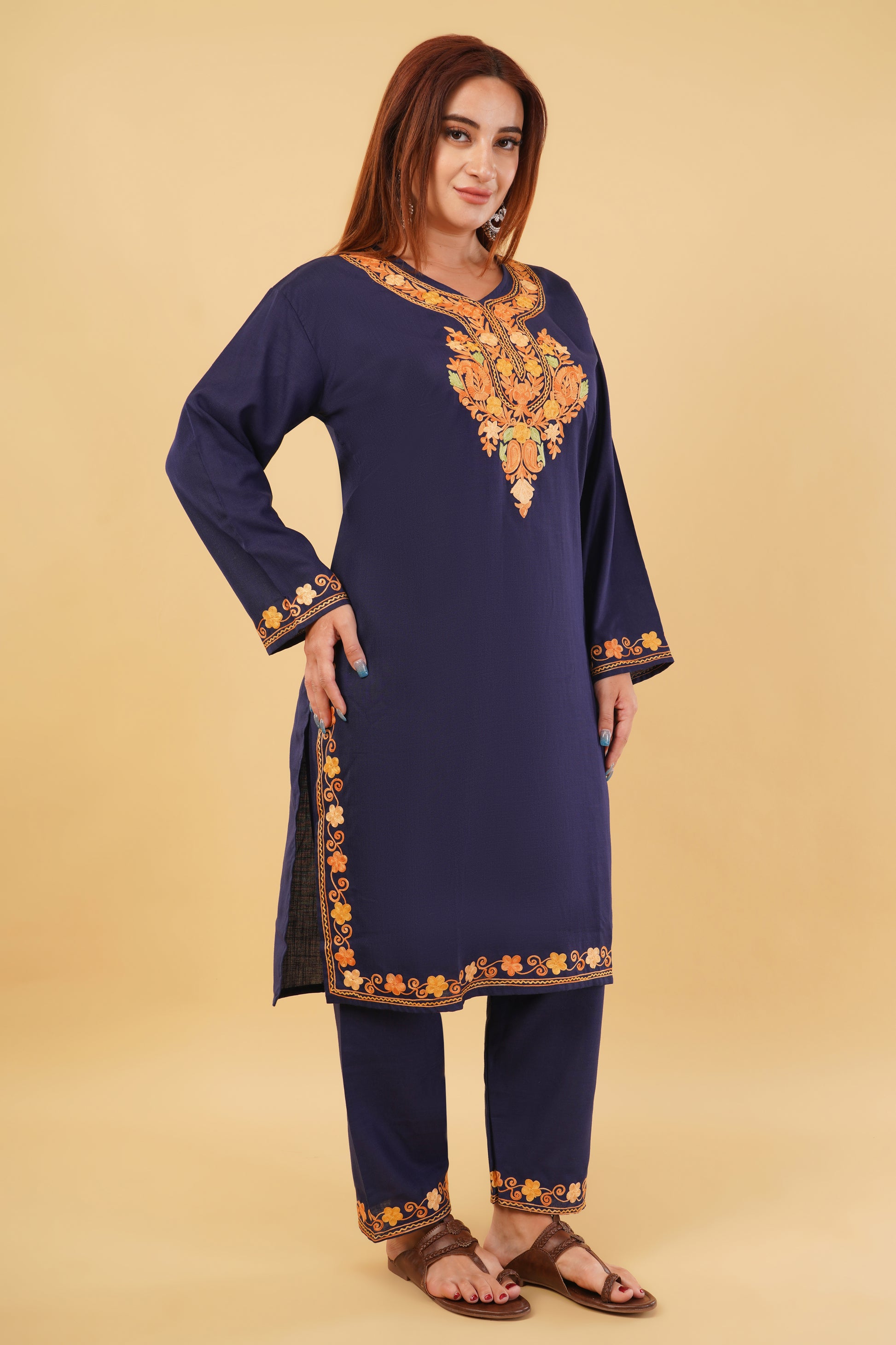 Kashmiri Aari embroidery Cotton Co-ord set Size-44 (Navy Blue)