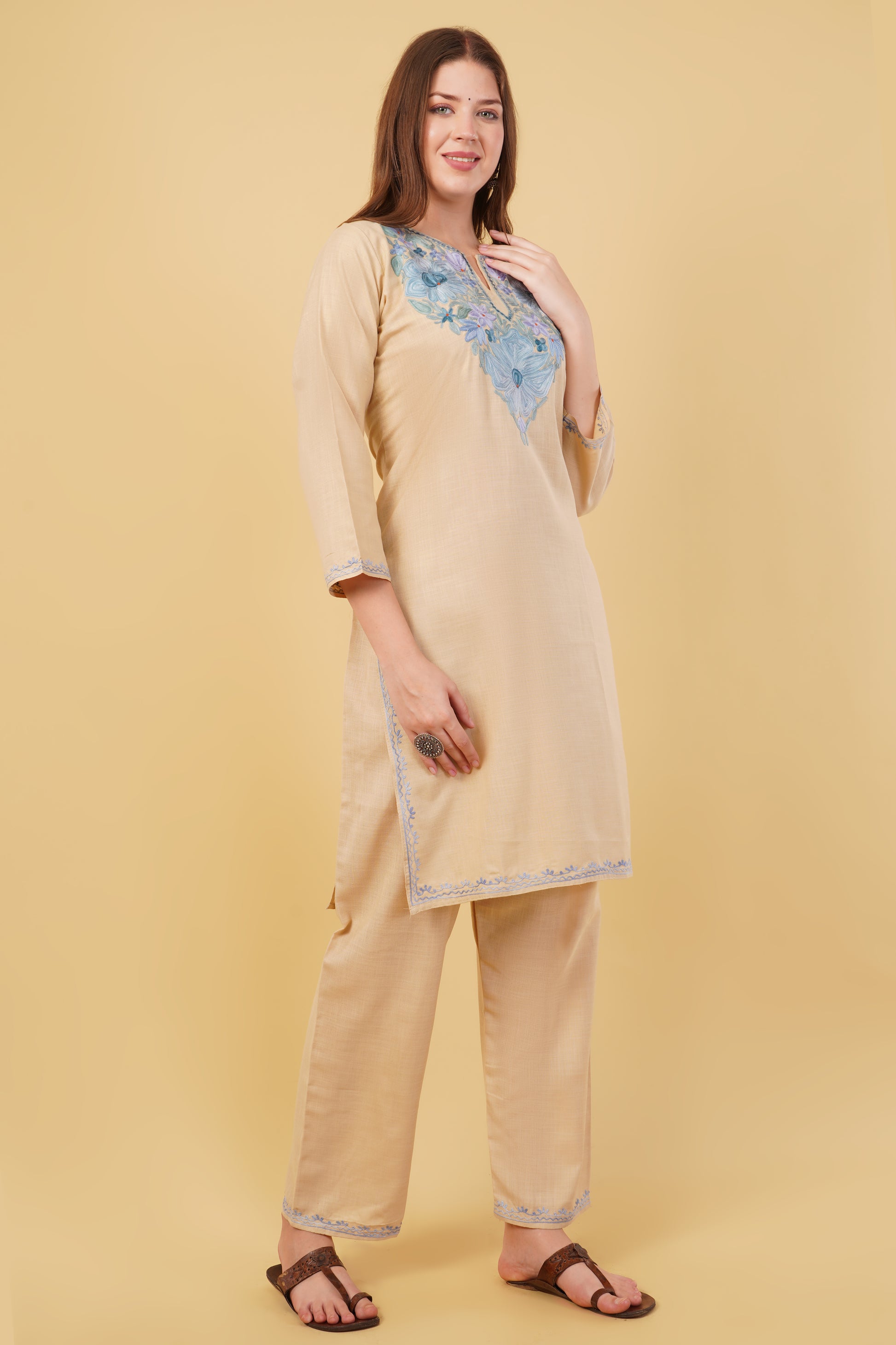 Kashmiri Aari embroidery Cotton Co-ord set Size-40 (Beige)